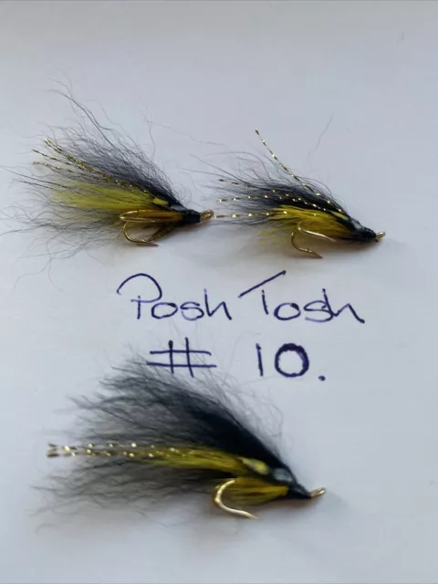 3 x Posh Tosh Salmon Flies, size 10, gold double.