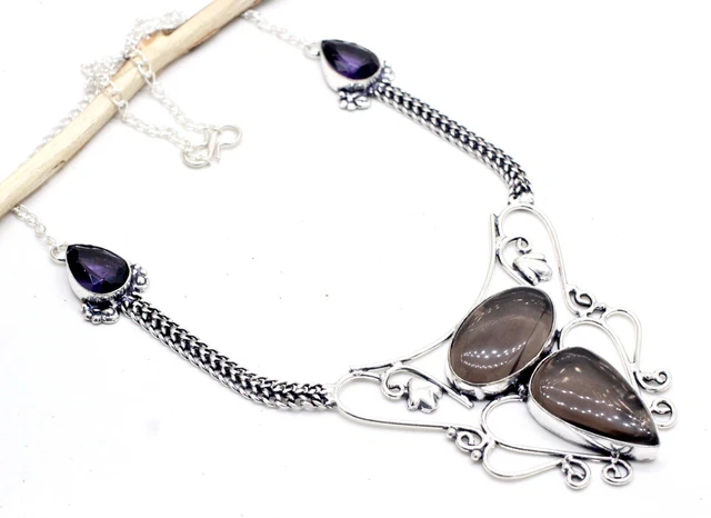 925 Sterling Silver Banded Agate & Amethyst Gemstone Jewelry Necklace S-17-18"