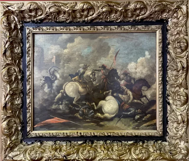 quadro antico dipinto 900 a olio su tavola battaglia cavalli con cornice dorata