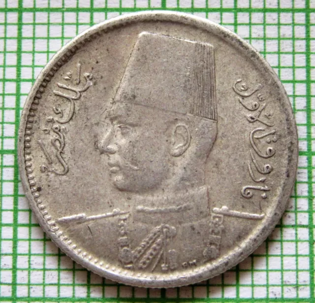 EGYPT King FAROUK 1942 - AH 1361 2 PIASTRES, 0.833 SILVER km# 365