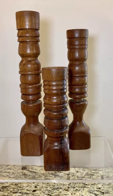 Mid Century Modern Wood Hand Turned Spiral Post Danish Candlestick Holders MCM