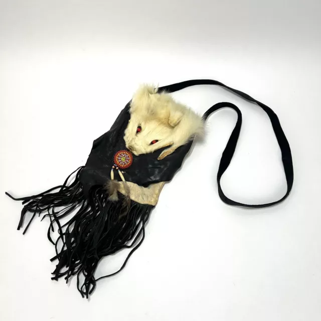 Vintage Handmade Native American Style Fur Animal Head Sling Leather Pouch