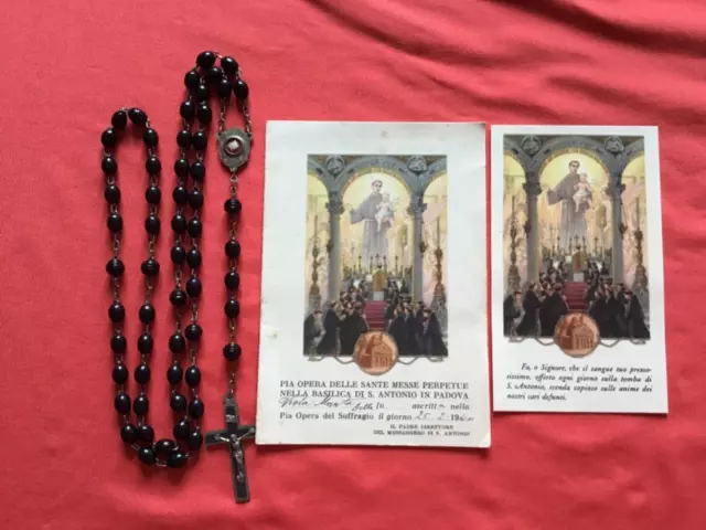 Ancient rosary with relic  St. Anthony of Padua ex indumentis  2 holy cards 1940