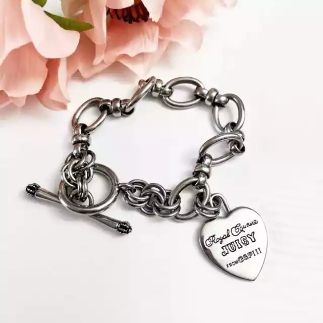 Juicy Couture Y2K Silver Heart "Royal Couture" Charm Bracelet