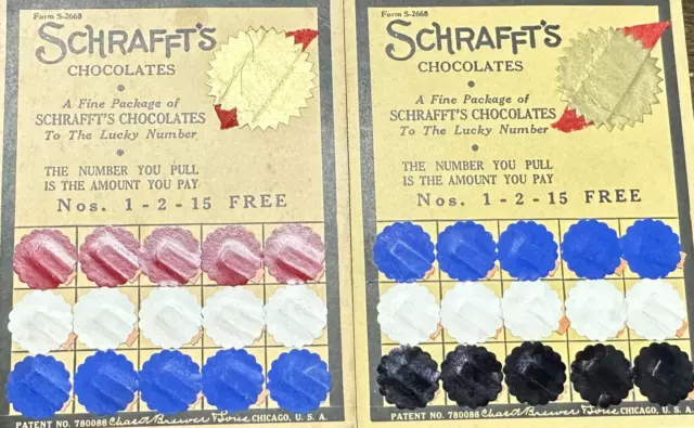 Vintage Schraffts Chocolates Lucky Number Card Free Chocolate Game 2 Card Set