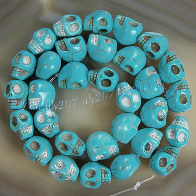 10x12mm Blue Turquoise Carved Skull Head Gemstone Loose Beads 15''