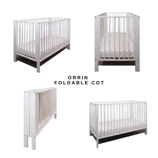 New Wooden Orrin Baby White Foldable Cot – optional Fibre Mattress 120x60x10cm