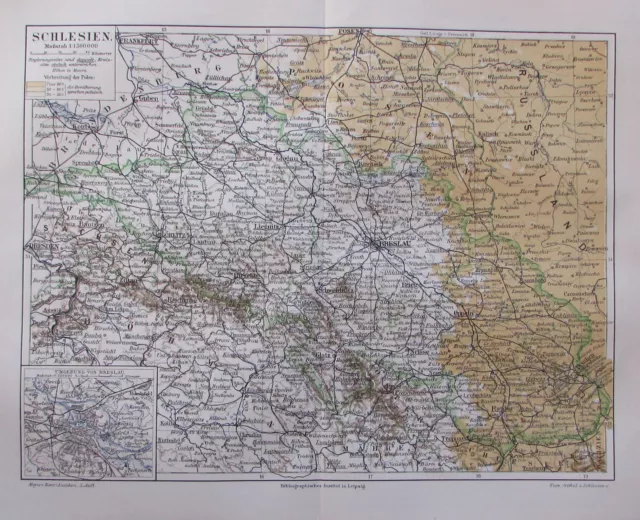 1897 Schlesien Deutschland - Lithografie alte Landkarte old map