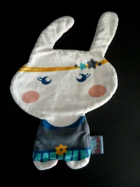 22. DOUDOU PLAT MARIONNETTE CROK BOUILLE Blanc bleu jaune étoile coton bio - TBE