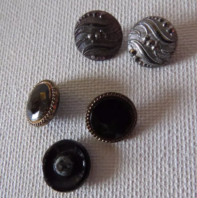 VINTAGE 5 HEMITITE/BLACK jet GLASS BUTTONS~1/2” SILVER PLATE