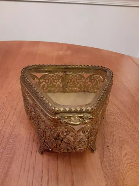 Vtg Brass Ornate Filigree Footed Triangular Jewelry Box 5" wide