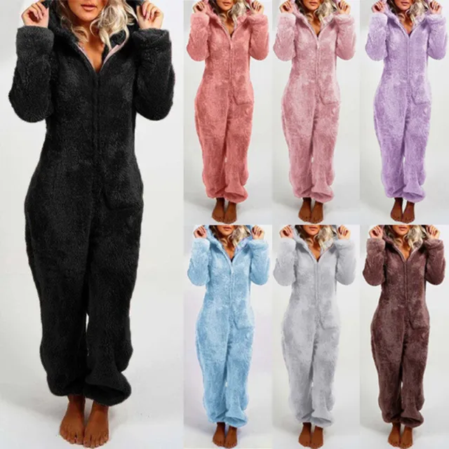 Womens Teddy Bear Fluffy Fleece Hooded Jumpsuit 1Onesie Playsuit Pajamas Romper