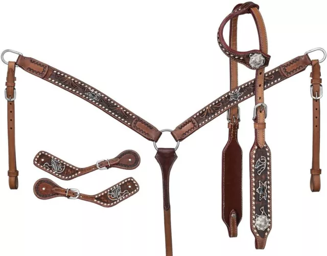 Leather Western Tack Set With Headstall ,Breast Collar and Reins.