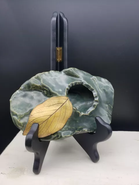Studio Art Pottery IKEBANA VASE With Applied Clay Leaf Floral Metal Frog Signed