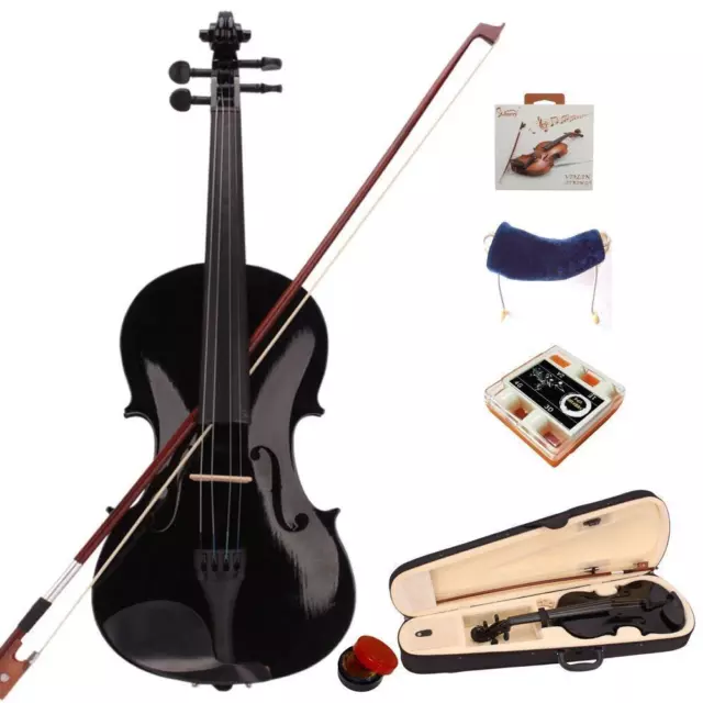 4/4 Akustik Violine Set Schwarz mit Etui Bogen Kolophonium Saiten Stimmgerät