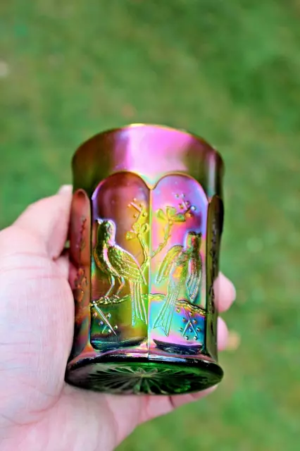 Antique Northwood Singing Birds Carnival Glass Tumbler, Green