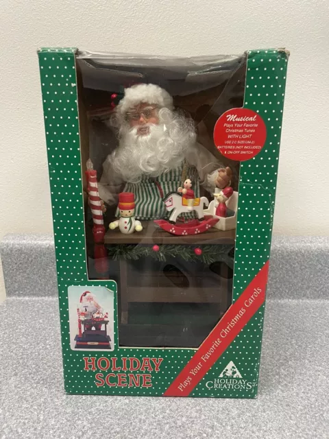 VTG Holiday Creations Scene Santa Clause Noel Workbench Animated Musical Working