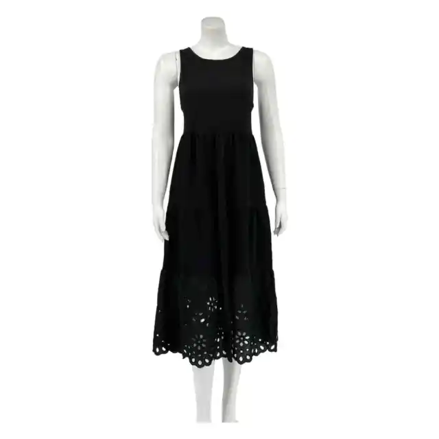 J Crew Tiered Knit Midi Dress Eyelet Trim Size Small Black Sleeveless Pullover