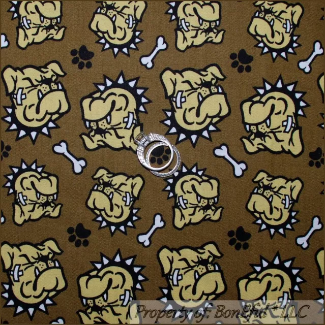 BonEful FABRIC FQ Cotton Quilt Brown Black White Bull Dog Bone Georgia Paw Cross
