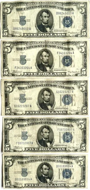 Vintage 1934 Nicer Lot Of Five $5.00 Circulated Silver Certificates Us Currency