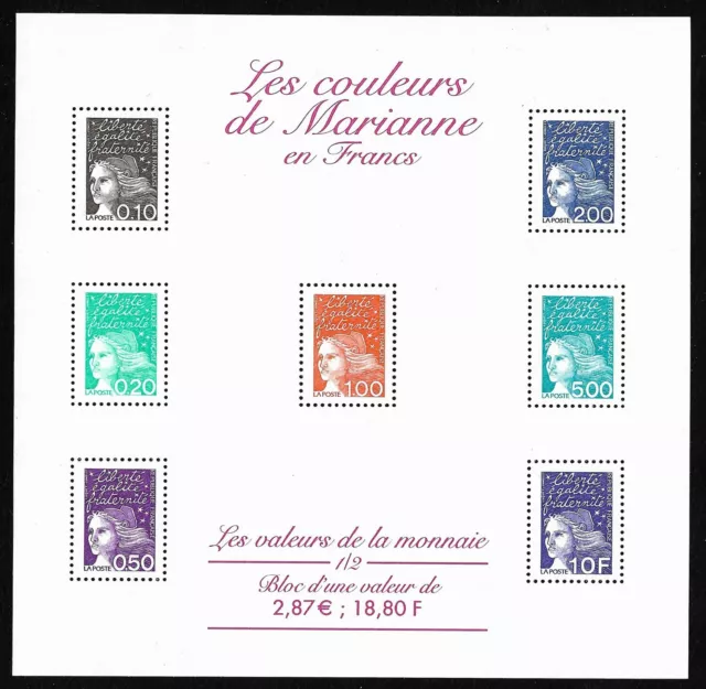 Bloc Feuillet 2001 N°41 Timbres France Neufs Les Couleurs de Marianne en Francs