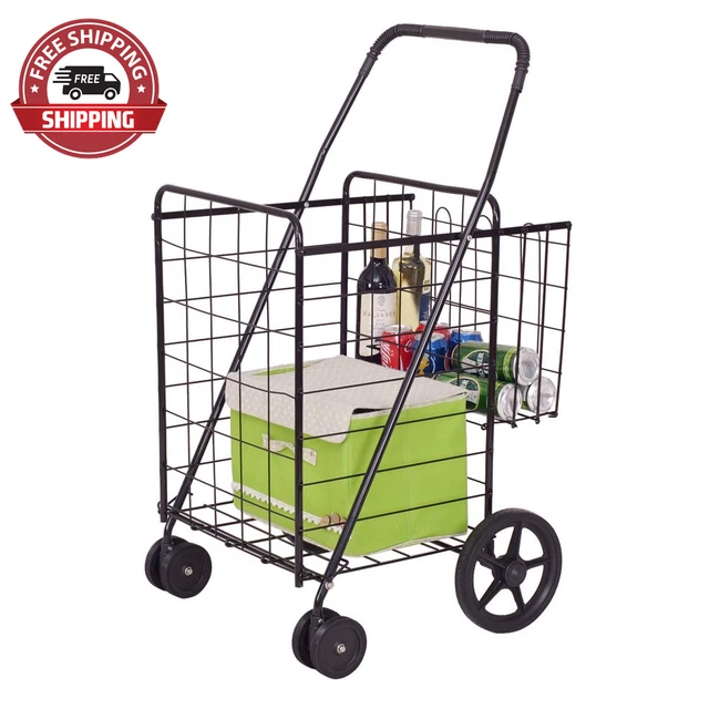 Folding Shopping Cart Jumbo Basket Grocery Laundry Travel W/ Swivel Wheels, Blac