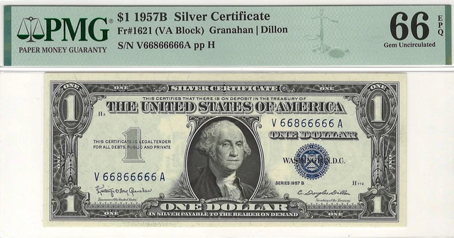 $1 1957B Silver Certificate Note PMG Gem Uncirculated 66 EPQ - Near Solid Serial
