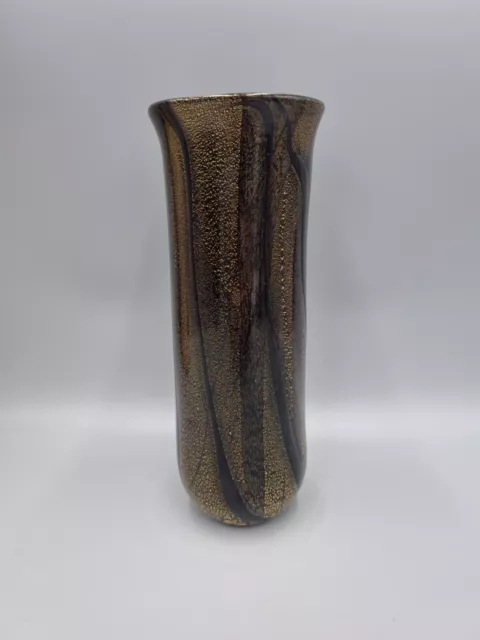 A Tall 9" Studio Glass Vase By Isle Of Wight Glass, Azurene Range, Gold & Black.