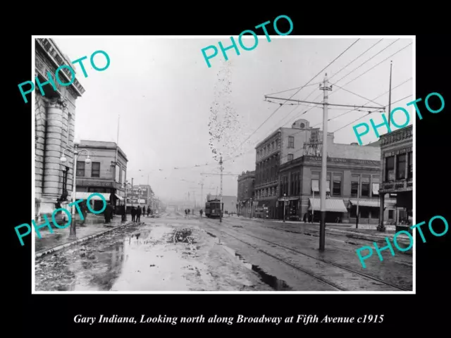 OLD POSTCARD SIZE PHOTO OF GARY INDIANA VIEW OF THE BROADWAY & STORES c1915 1