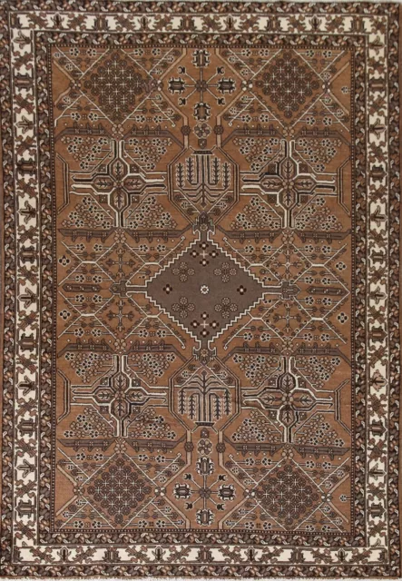 Vintage Geometric Bakhtiari Area Rug 7x9 Hand-Knotted Wool Brown/ Ivory Carpet