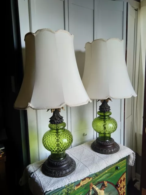 Pair Vtg Mid Century  Green Optic Glass Globe Hollywood Regency Lamps