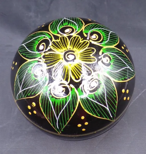 Vintage  Black Lacquer Trinket Box Lidded Bowl Hand Painted Floral NICE (C-2)