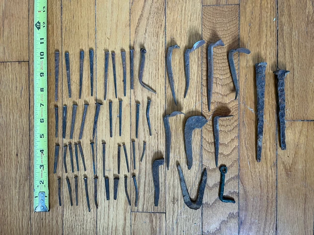 Lot Antique Primitive Blacksmith Made Forged Wrought Iron Assort. Nails And Hook
