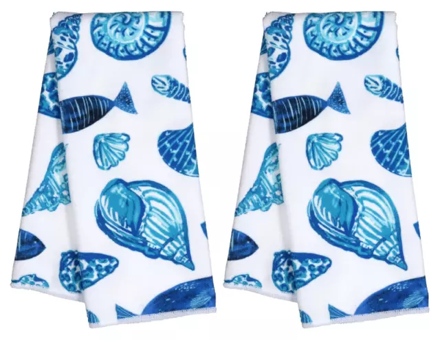 Seashell Towels Set of 2 Kitchen Dish Bathroom Hand Blue Sea Shell FREE SHIPPING