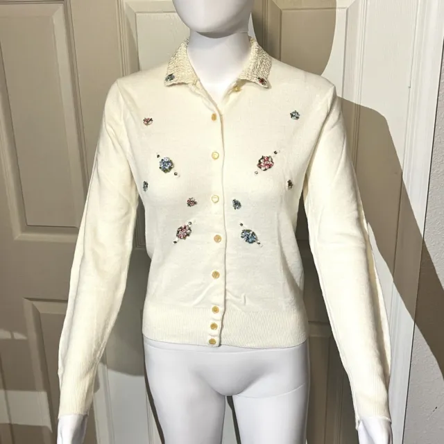 VINTAGE 50S 60S Womens Floral Button Down Collar Hand Beaded Cardigan ...
