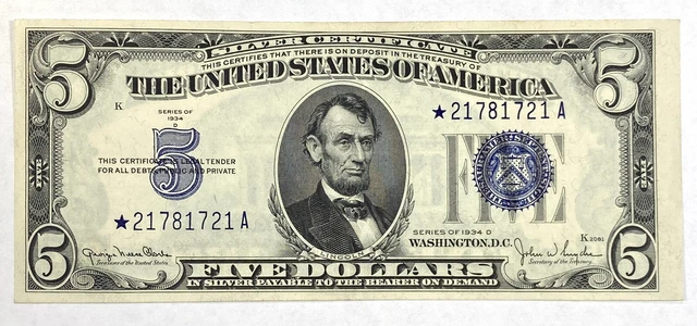 1934D $5 Star CU Blue Seal Silver Certificate *21781721A Crisp UNC Note Fr 1654*