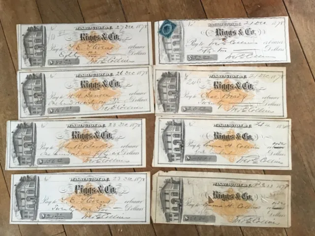 8 Vintage 1878 Riggs & Co. Bank Checks - Vintage Banking