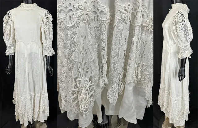 Vintage Edwardian White Linen Lace Eyelet Cutwork Rosette Upcycled Wedding Dress