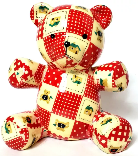 Teddy Bear Piggy Bank Quilt Patchwork 7” Ceramic