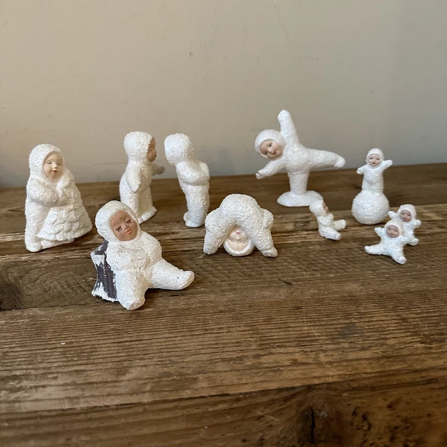 VTG Hand Crafted Snow Kids Winter/Holiday Decor Figurines 10 Pc Set Sparkling