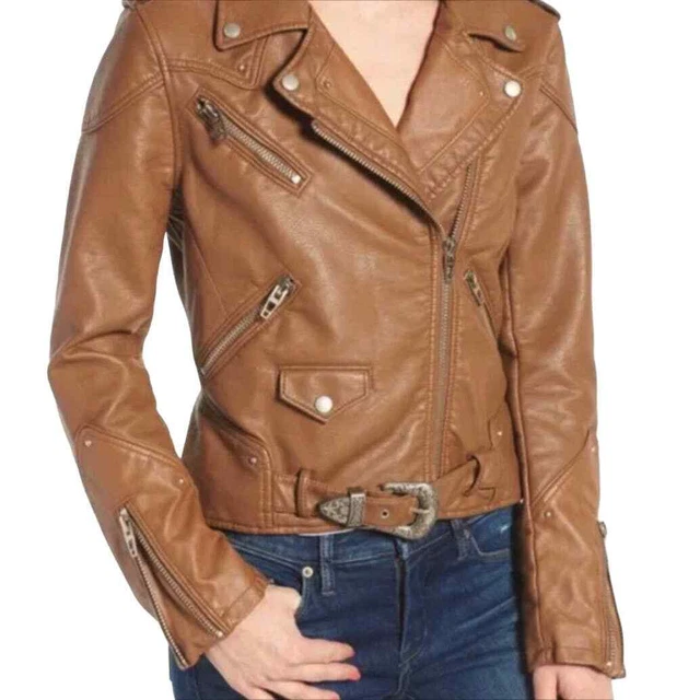 Blank NYC Vegan Leather Moto Jacket in Cognac Tan Size Medium