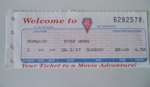ABC Cinema film used Ticket Stubs Star Wars 1990s New Hope,Empire, Jedi ,Menace