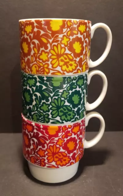 Vintage Set Of Stacking Mugs MCM Floral Design Coffee Cups Made Gift Ideas