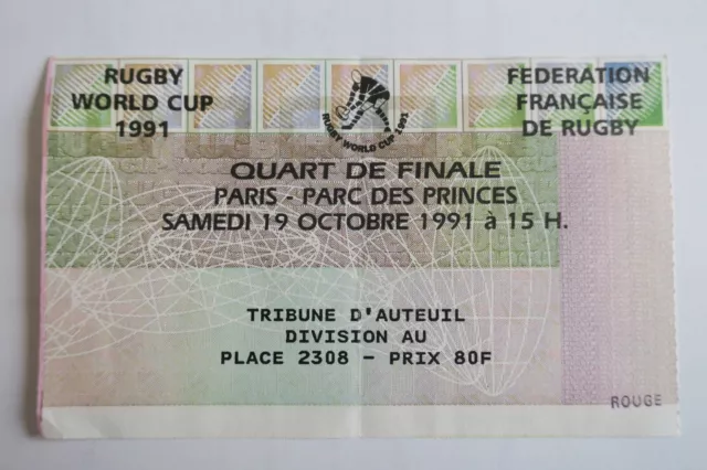 FRANCE VS ENGLAND ANGLETERRE 1/4 Rugby World Cup Coupe du Monde PARIS 19/10/1991