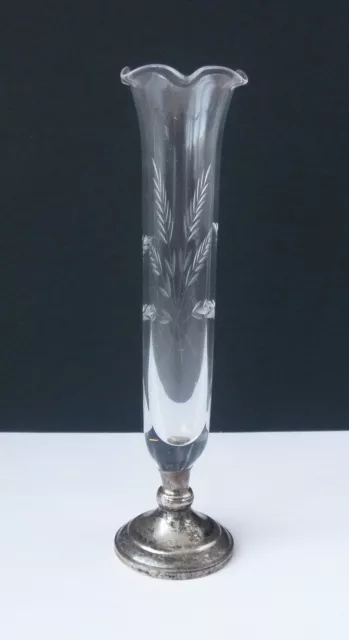 Vintage Etched Glass Bud Vase w/Sterling Pedestal by Web~~Wheat Motif 7.25" Tall