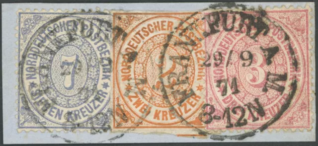 NDP 1868/9, Dreifarben-Mischfrankatur auf Briefstück, 2 Kr. oben Scherentrennung