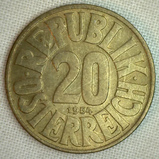 1954 Austria 20 Groschen Aluminum Bronze BU Uncirculated Imperial Eagle Hammer 2