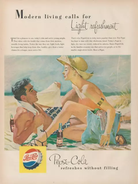 1953 Pepsi Cola Soda Drink Couple Beach Modern Living Light Refreshment Print Ad