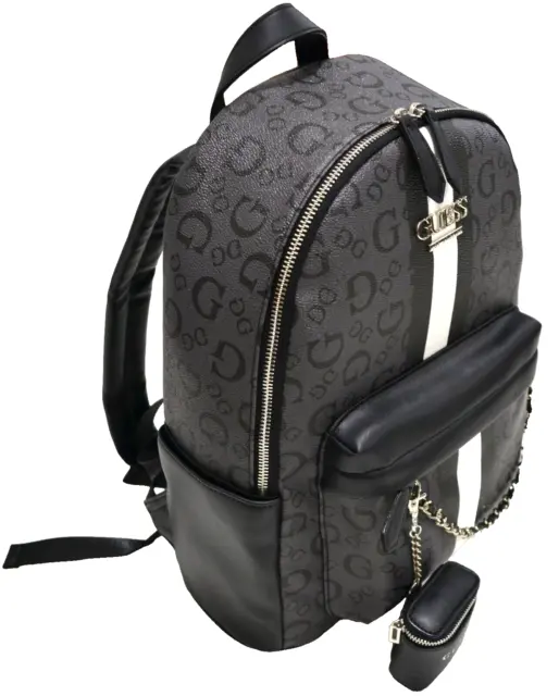 GUESS Women's Backpack Logo Detachable Mini Pouch Chain Stripe Black OS New