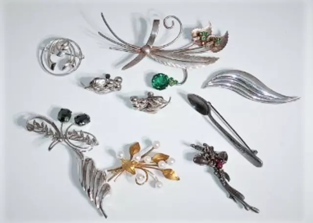 Vtg Sterling Silver Art Deco Floral Nature Pin Brooches Earrings Lot 10 Pieces